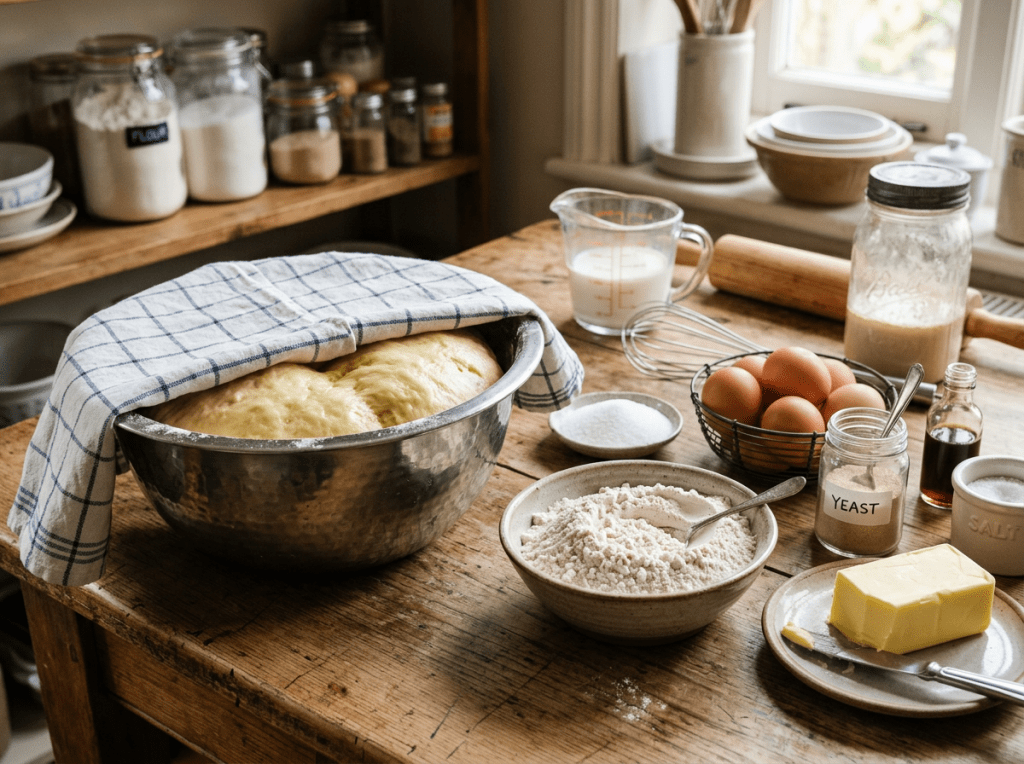 Metal bowl with covered rising bread dough and ingredients like flour, eggs, butter, yeast, and milk on a wooden table